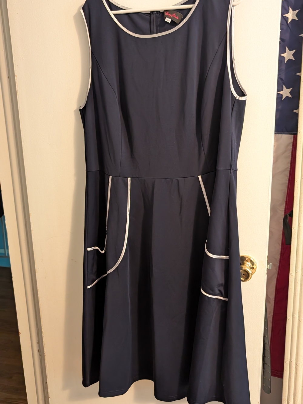 Sleeveless Navy Midi Dress with White Piping